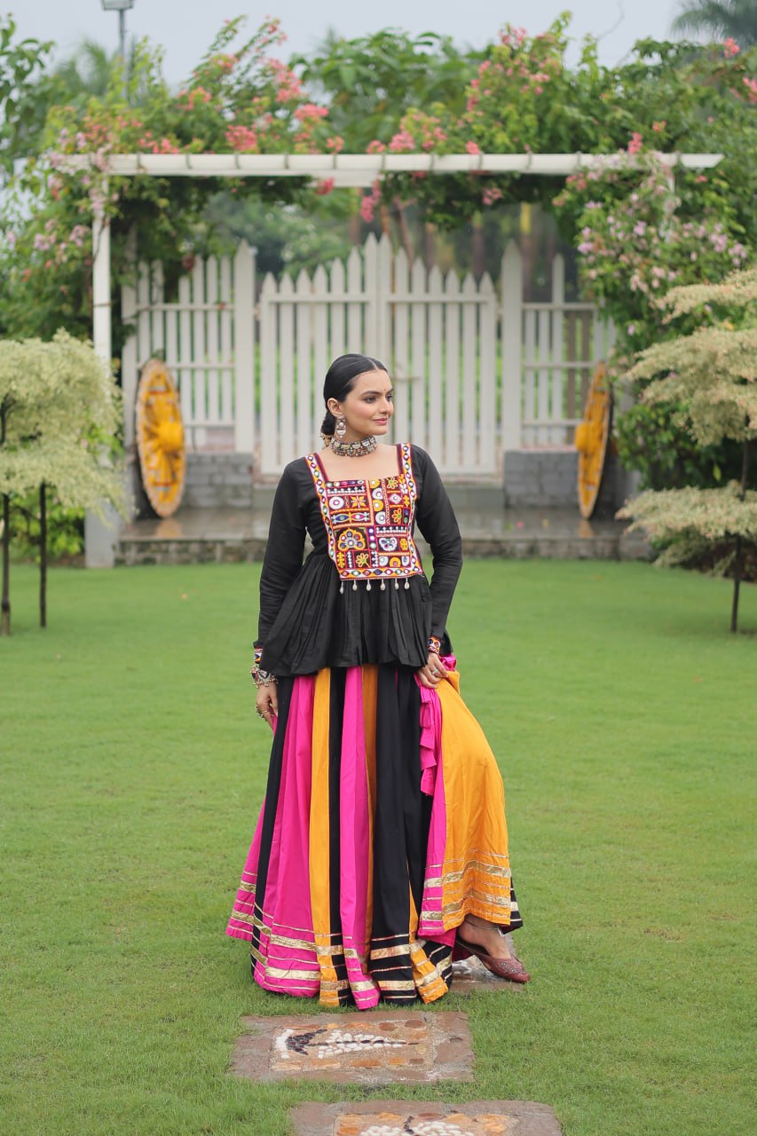 Navratri Special Multi-Color Lehenga with Black Peplum Top Kutchi Gamthi Work Full-Stitched Garba Outfit