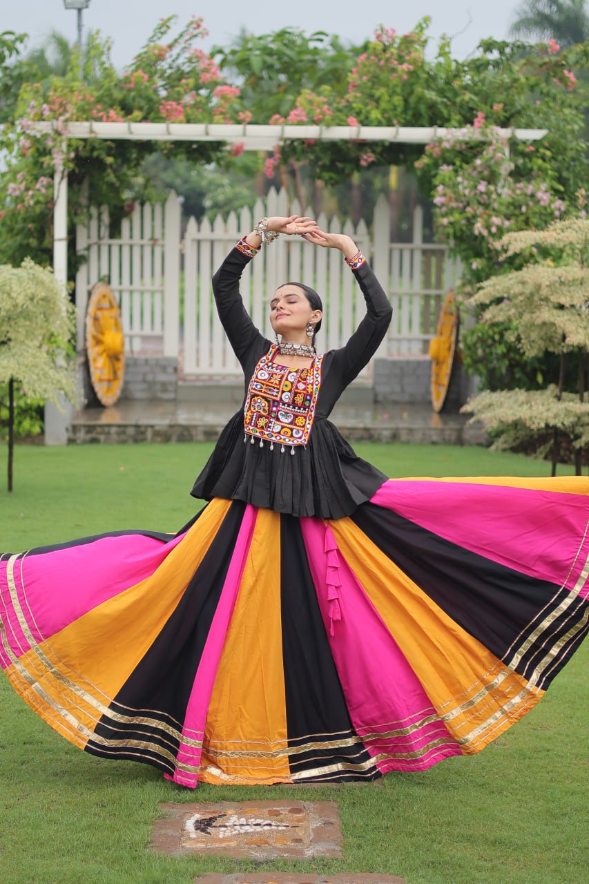 Navratri Special Multi-Color Lehenga with Black Peplum Top Kutchi Gamthi Work Full-Stitched Garba Outfit