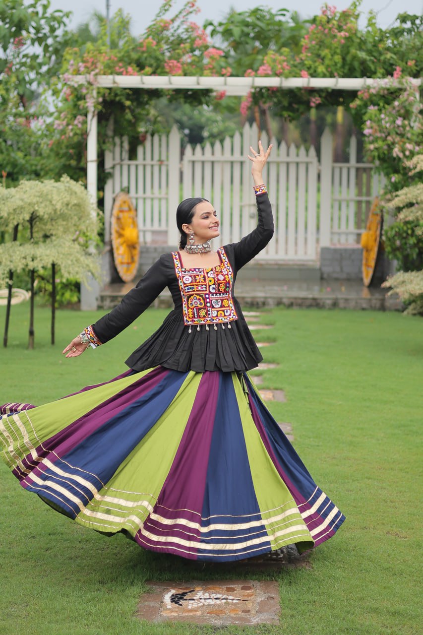 Navratri Special Multi-Color Lehenga with Black Peplum Top Kutchi Gamthi Work Full-Stitched Garba Outfit