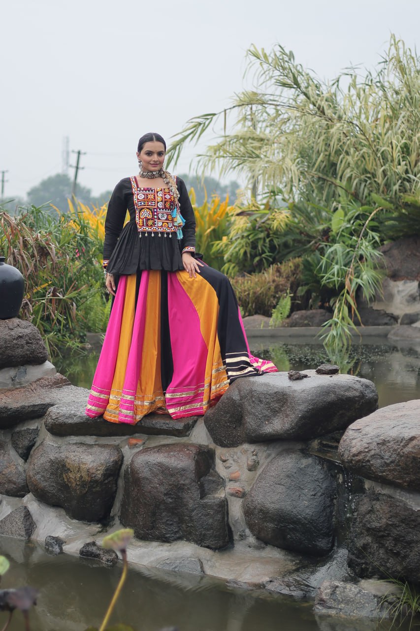 Navratri Special Multi-Color Lehenga with Black Peplum Top Kutchi Gamthi Work Full-Stitched Garba Outfit
