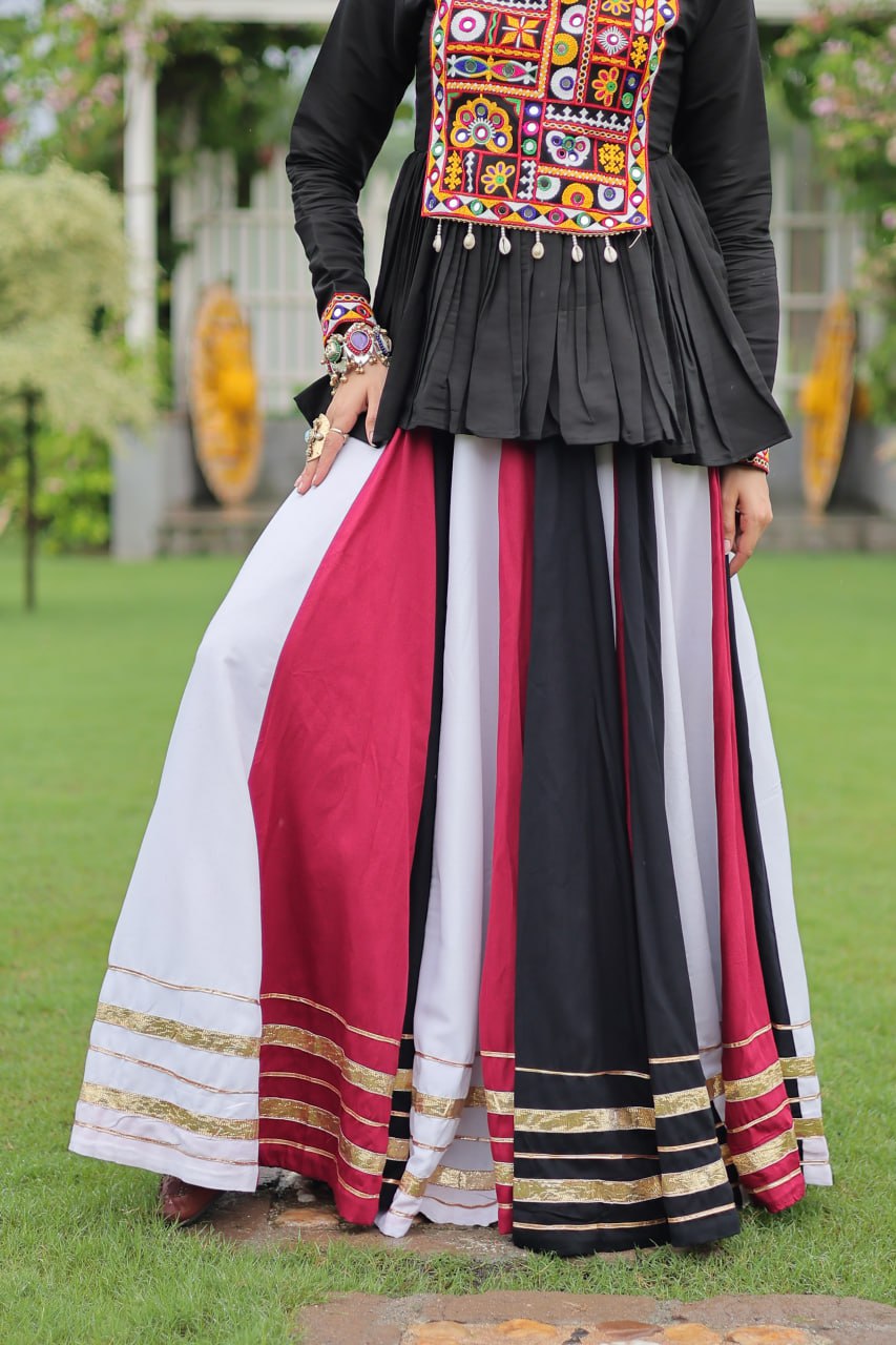 Navratri Special Multi-Color Lehenga with Black Peplum Top Kutchi Gamthi Work Full-Stitched Garba Outfit