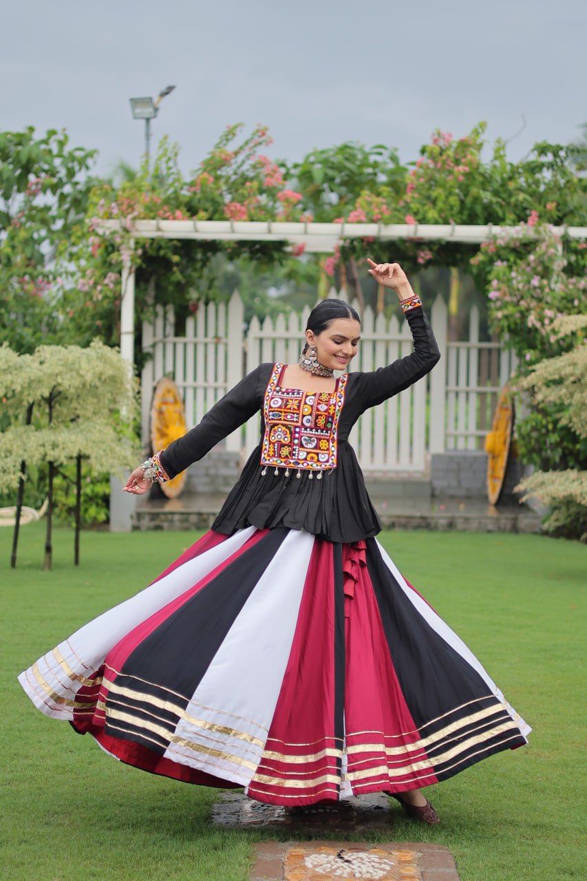 Navratri Special Multi-Color Lehenga with Black Peplum Top Kutchi Gamthi Work Full-Stitched Garba Outfit