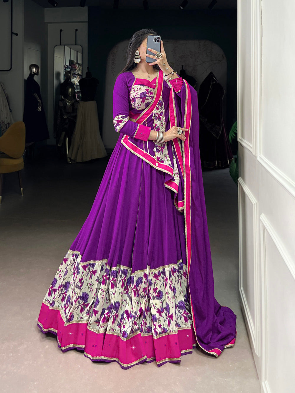Purple rayon floral print lehenga choli with original mirror hand work printed dupatta