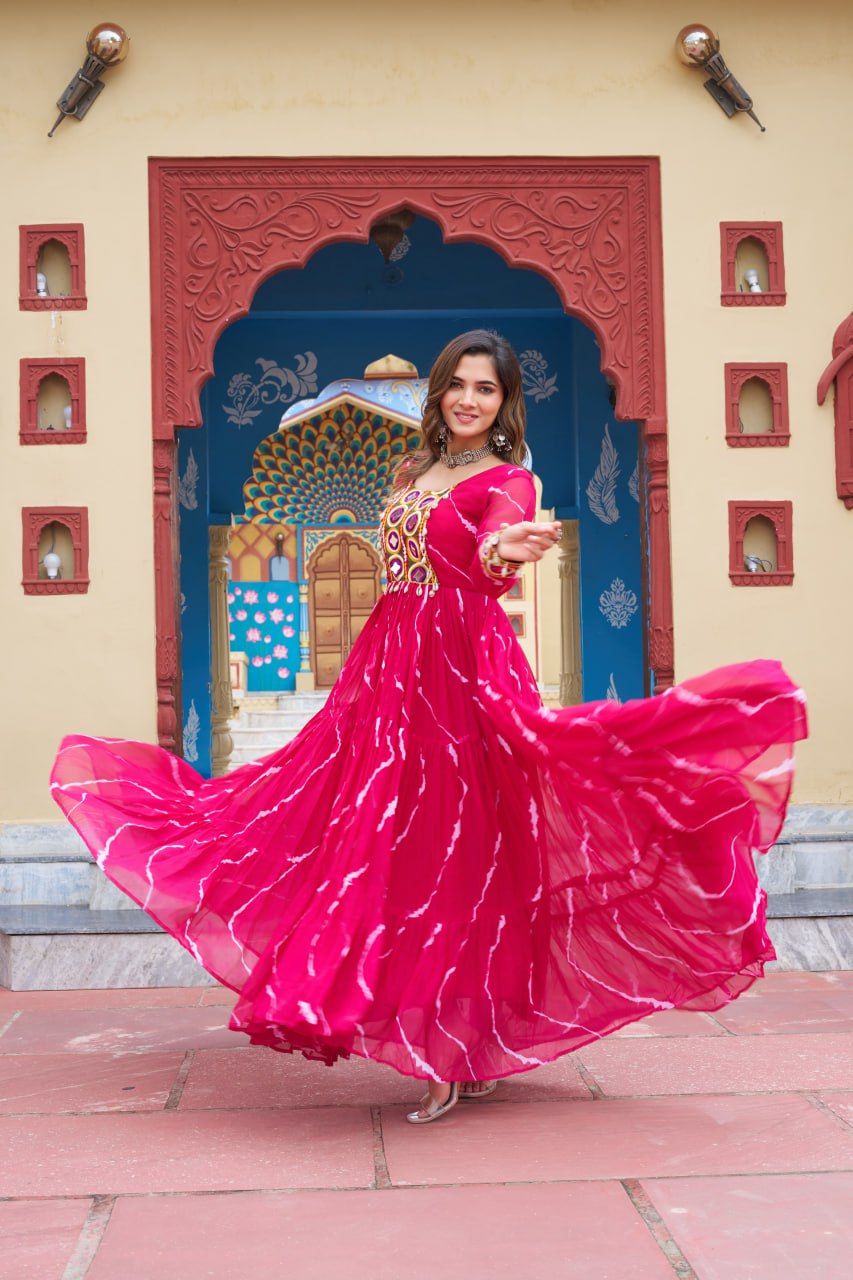 Pink Navratri Special Traditional Laheriya Print Kutchi Work Gown in Faux Georgette – 12 Meter Flair
