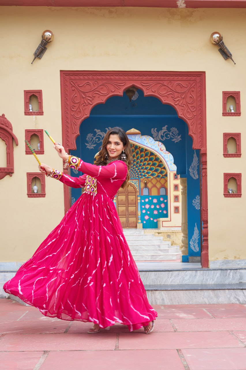 Pink Navratri Special Traditional Laheriya Print Kutchi Work Gown in Faux Georgette – 12 Meter Flair