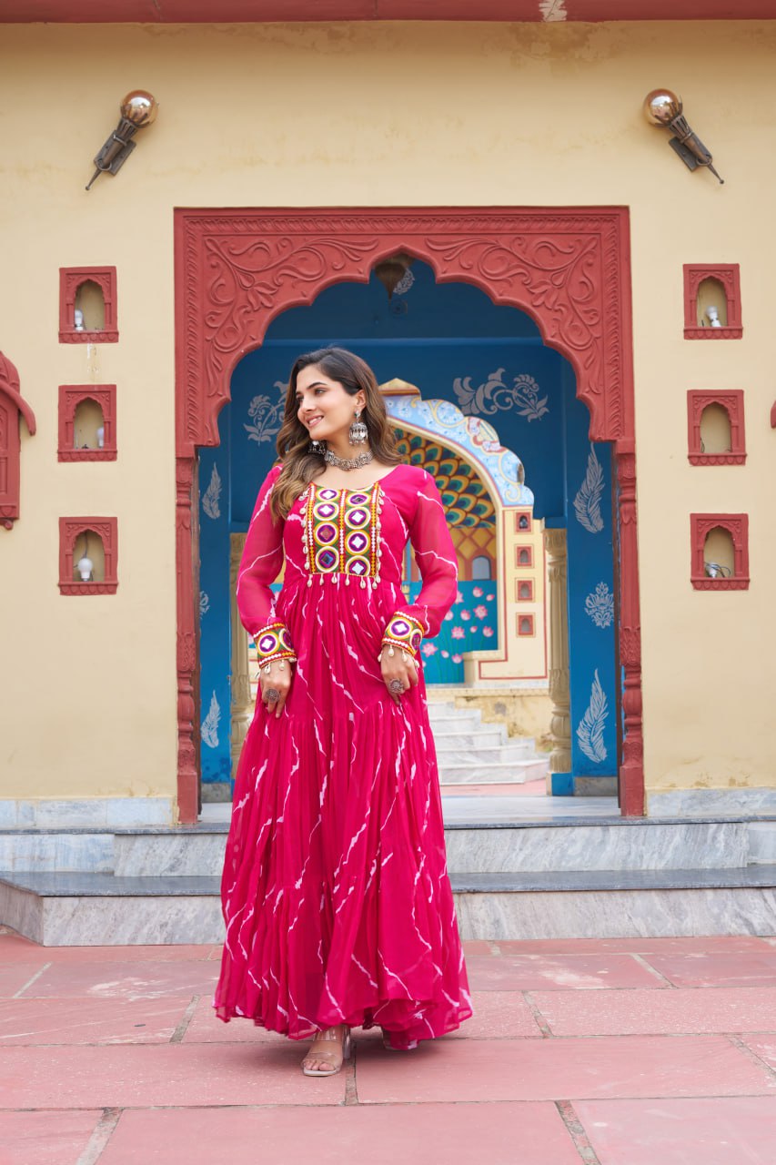 Pink Navratri Special Traditional Laheriya Print Kutchi Work Gown in Faux Georgette – 12 Meter Flair