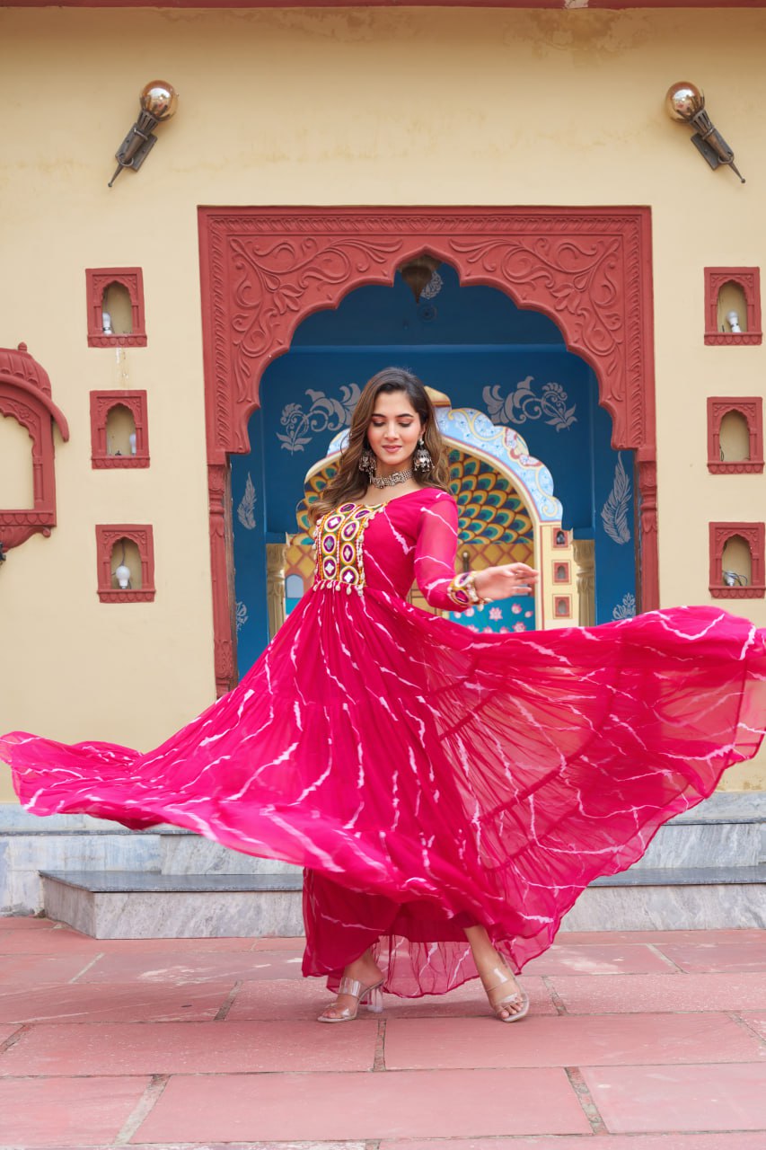Pink Navratri Special Traditional Laheriya Print Kutchi Work Gown in Faux Georgette – 12 Meter Flair