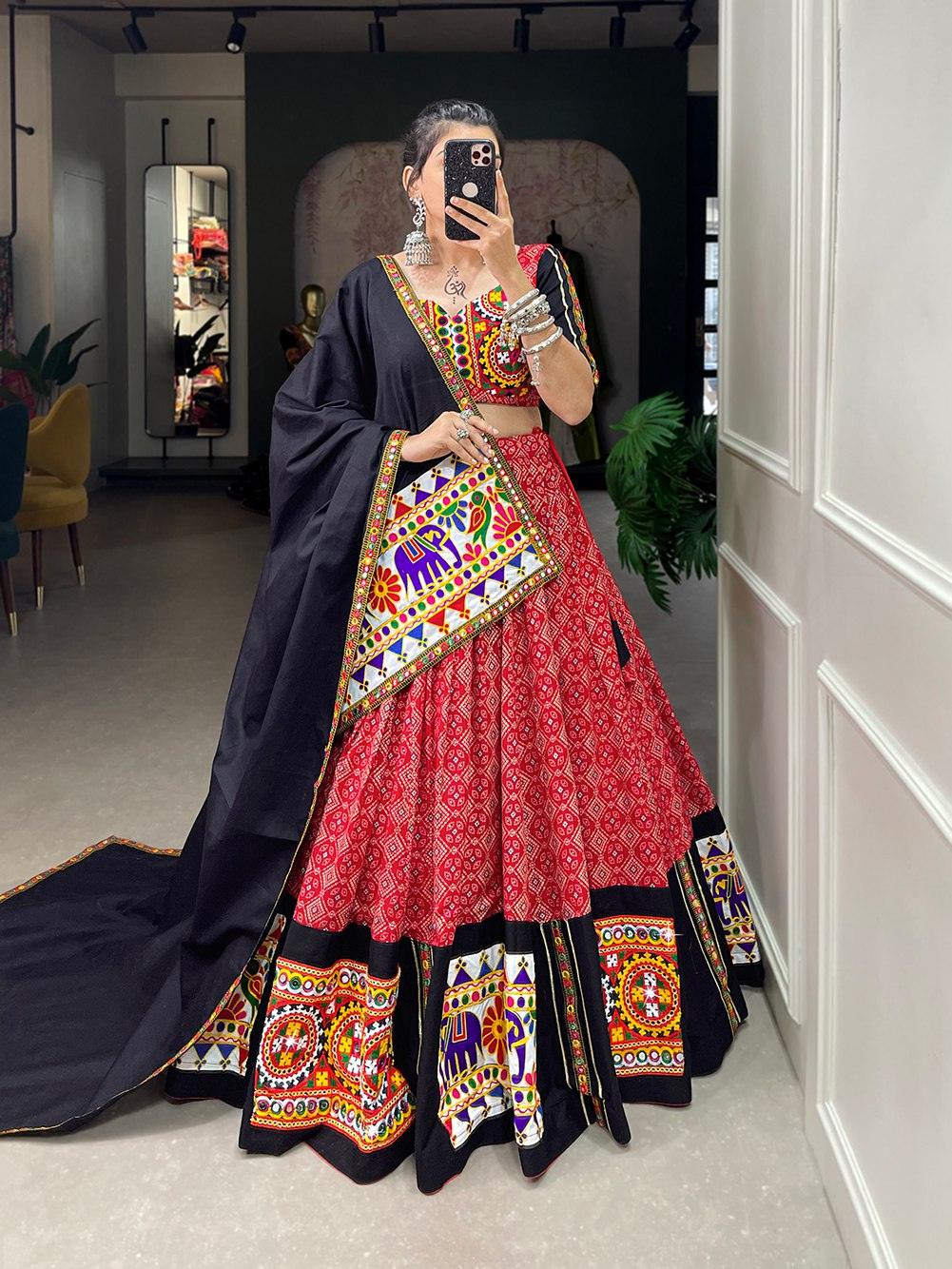 Navratri Wear Pure Cottin Printed Gamthi Mirror Worked Lehenga