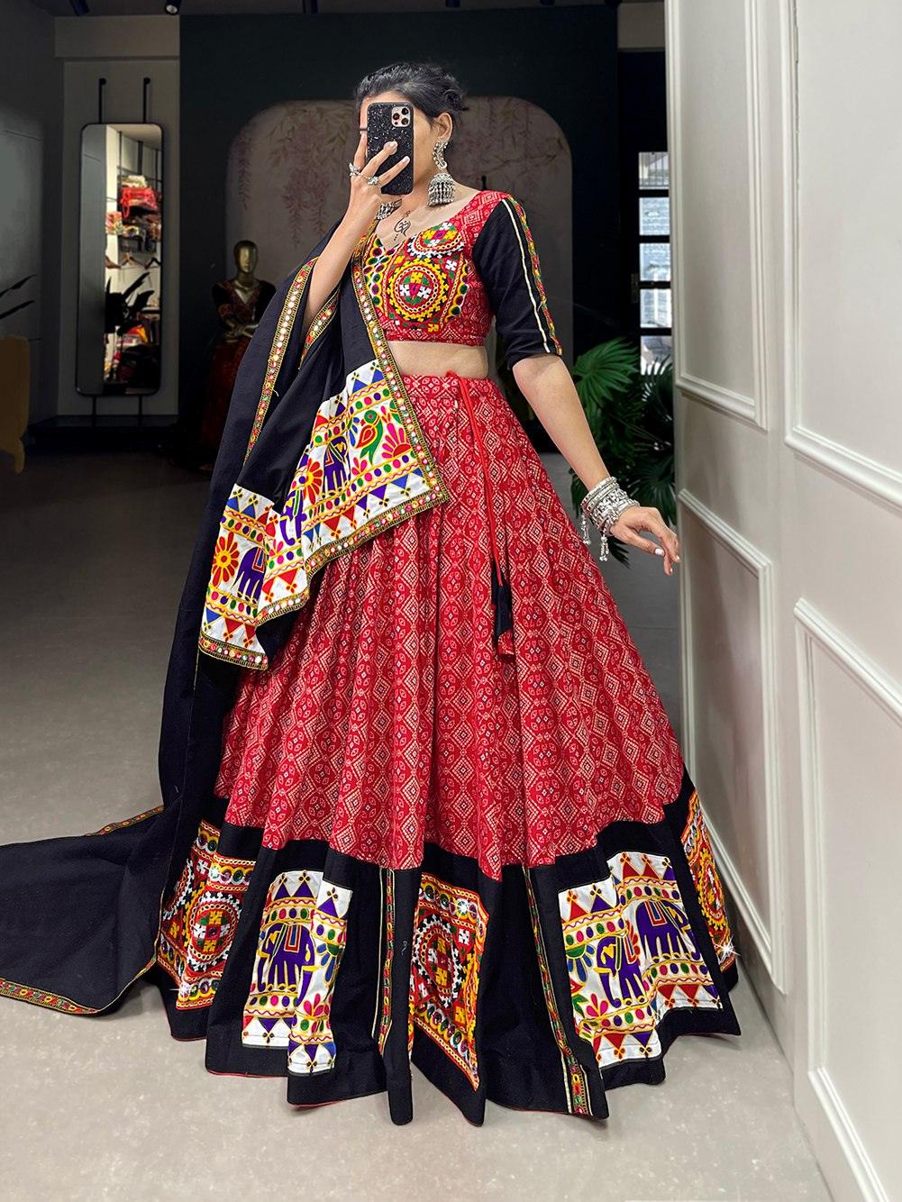 Navratri Wear Pure Cottin Printed Gamthi Mirror Worked Lehenga