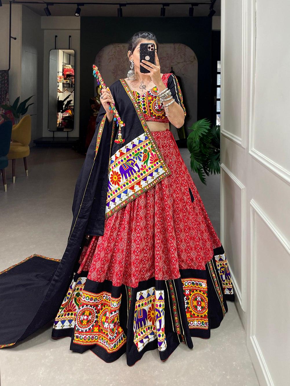 Navratri Wear Pure Cottin Printed Gamthi Mirror Worked Lehenga