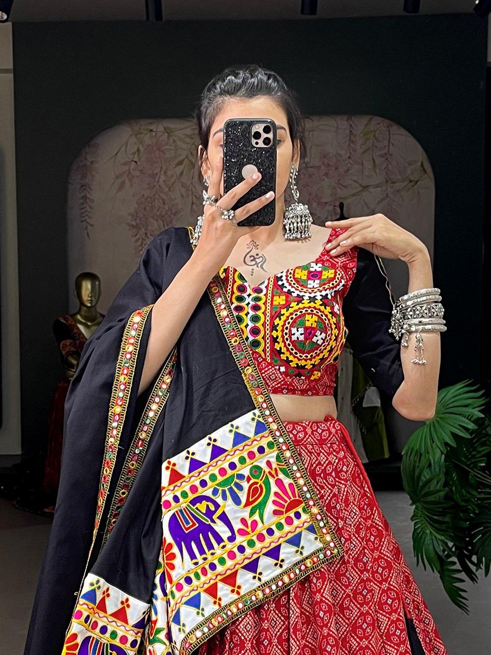 Navratri Wear Pure Cottin Printed Gamthi Mirror Worked Lehenga