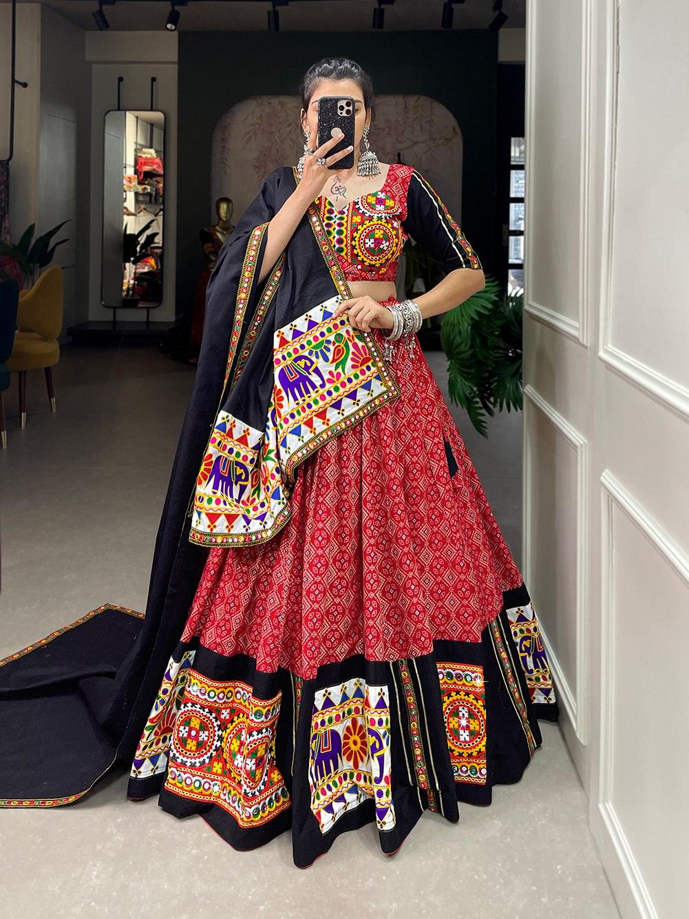 Navratri Wear Pure Cottin Printed Gamthi Mirror Worked Lehenga