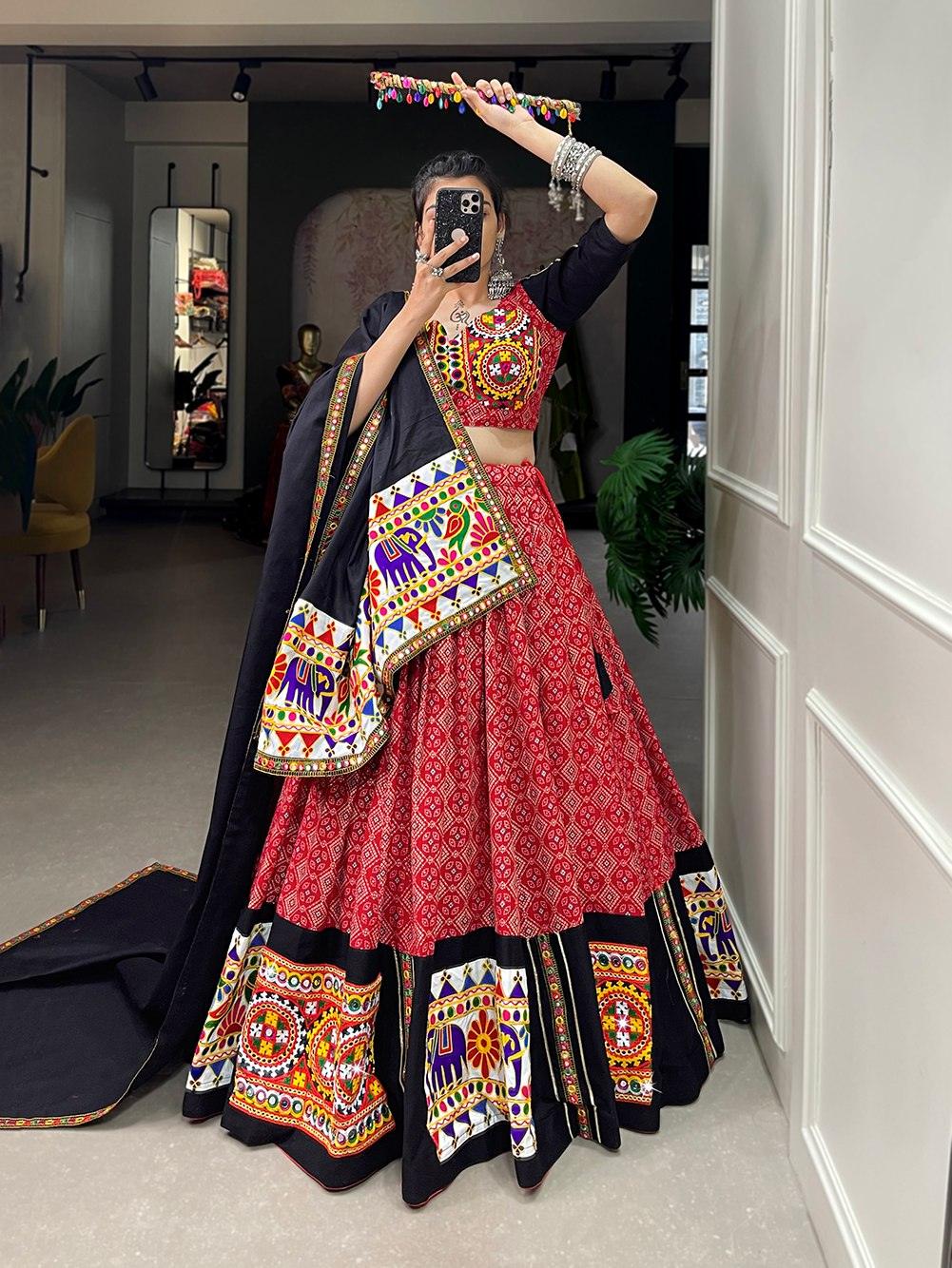 Navratri Wear Pure Cottin Printed Gamthi Mirror Worked Lehenga