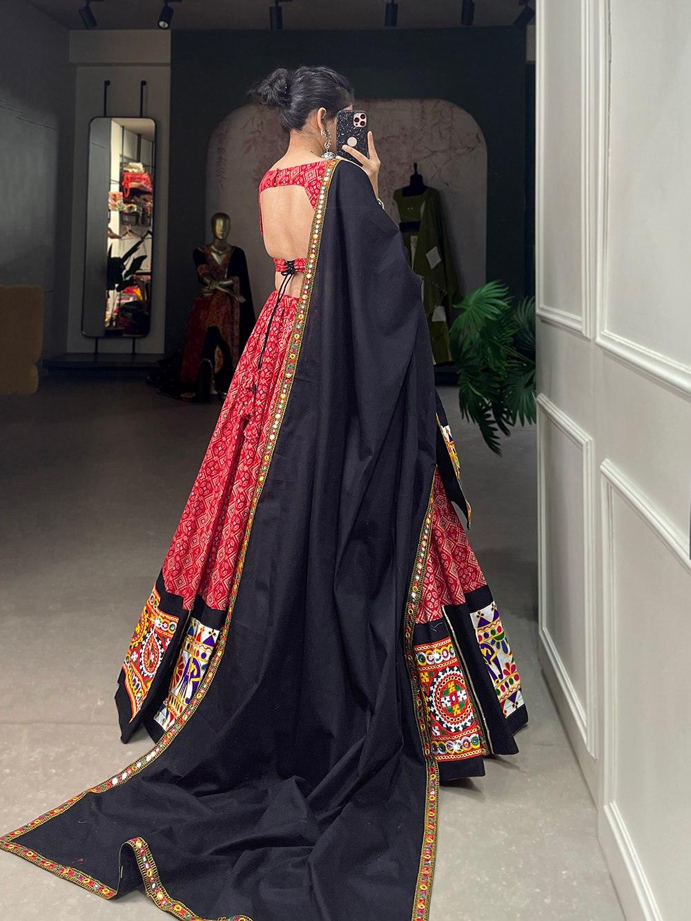 Navratri Wear Pure Cottin Printed Gamthi Mirror Worked Lehenga