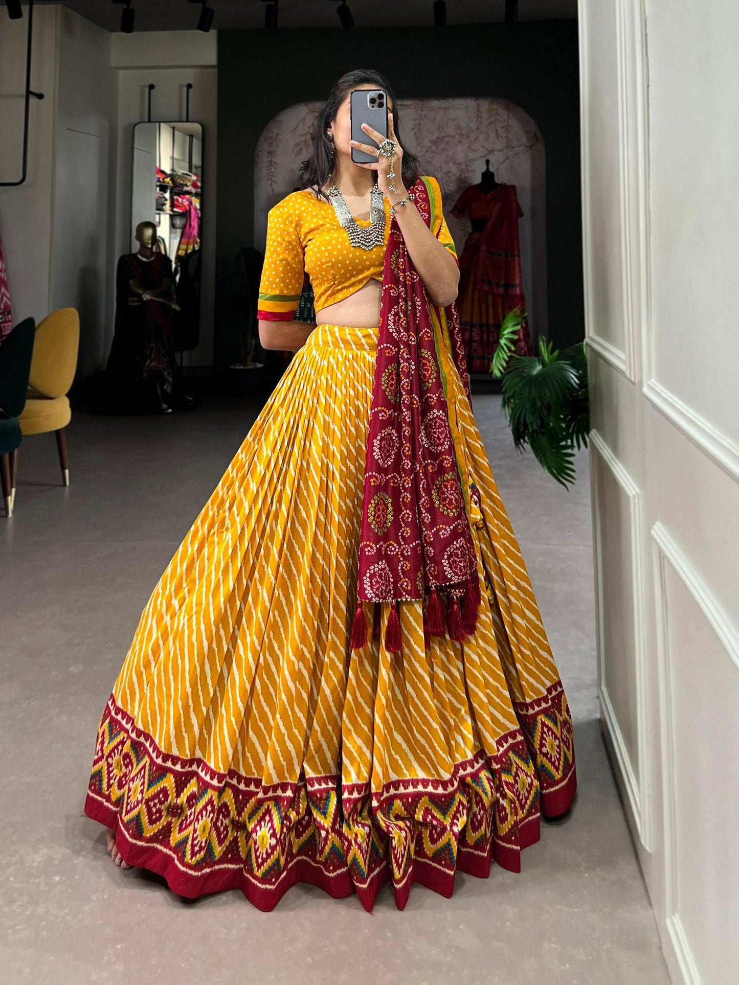 Navratri Wear Tussar Silk Leheriya Printed Lehenga Choli Set