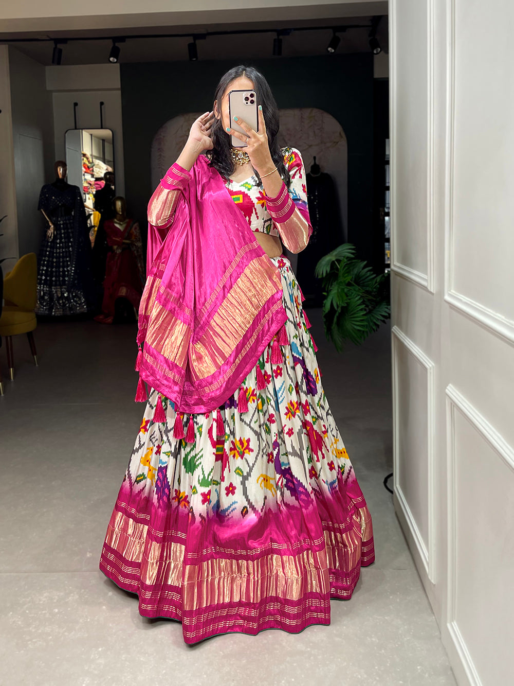 White Color Ikkat Patola Printed Gaji Silk Lehenga Choli