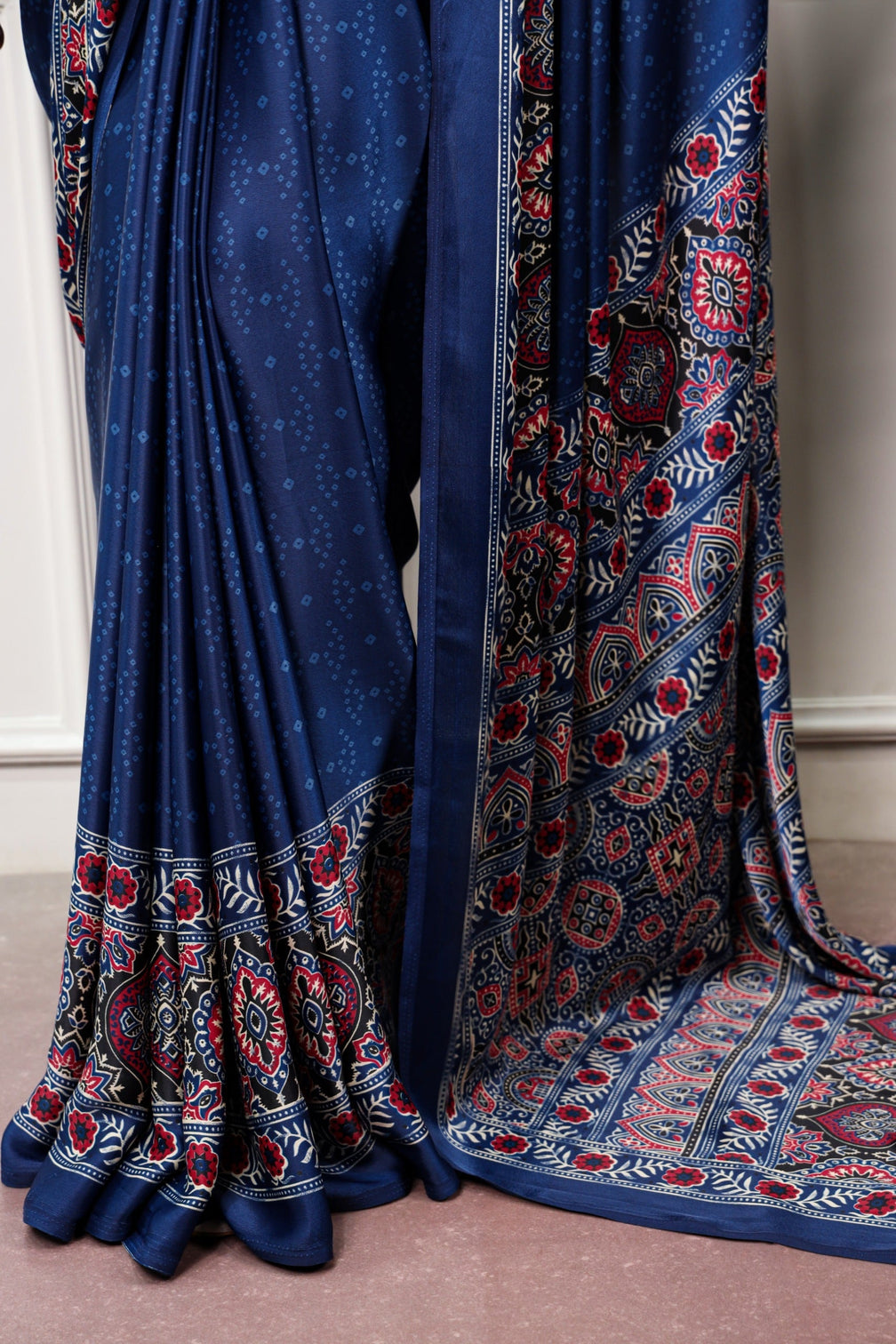 Navy Blue Ajrakh Print Satin Saree