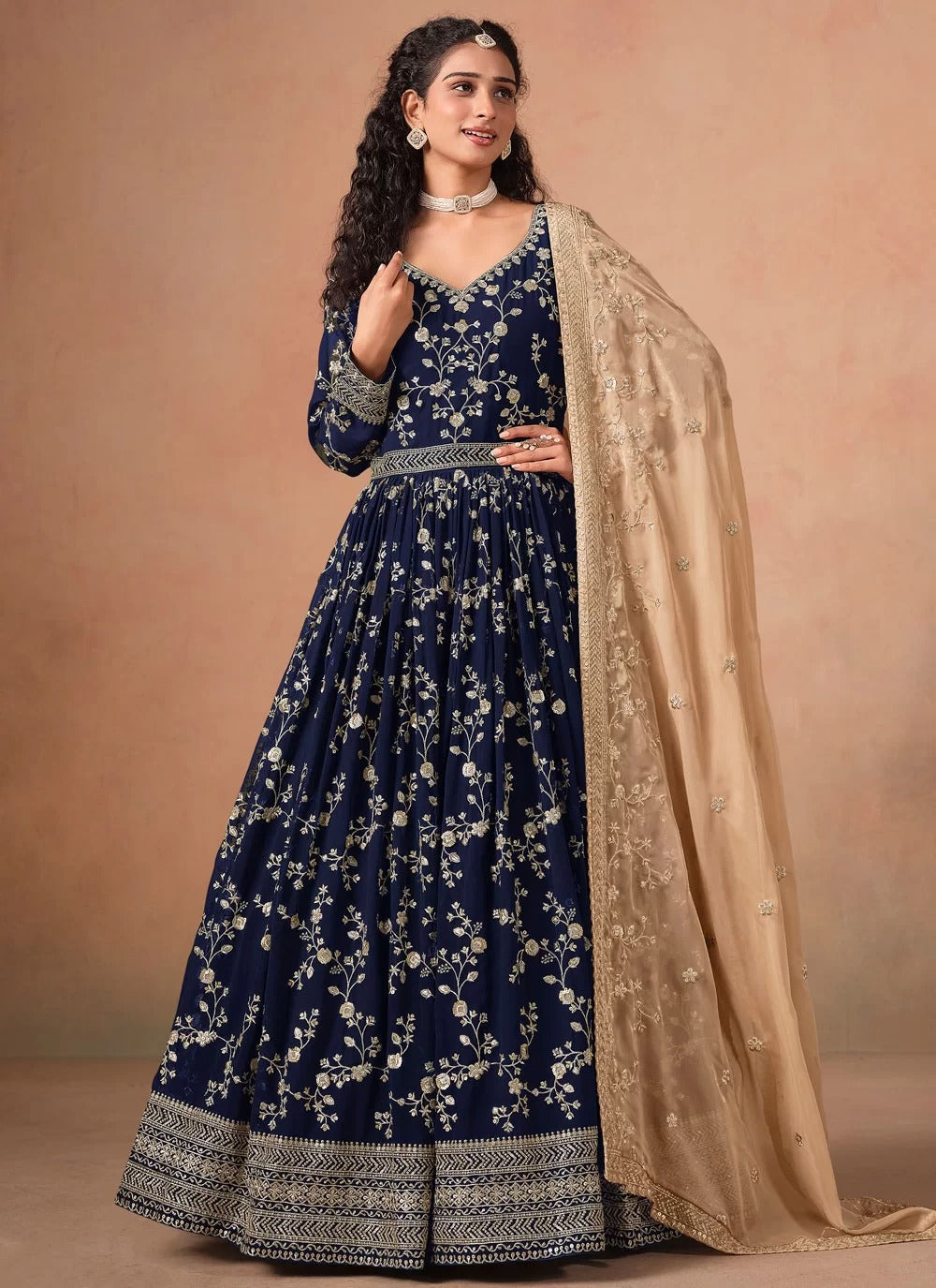 Elegant navy blue faux georgette embroidered floor length anarkali suit with organza dupatta
