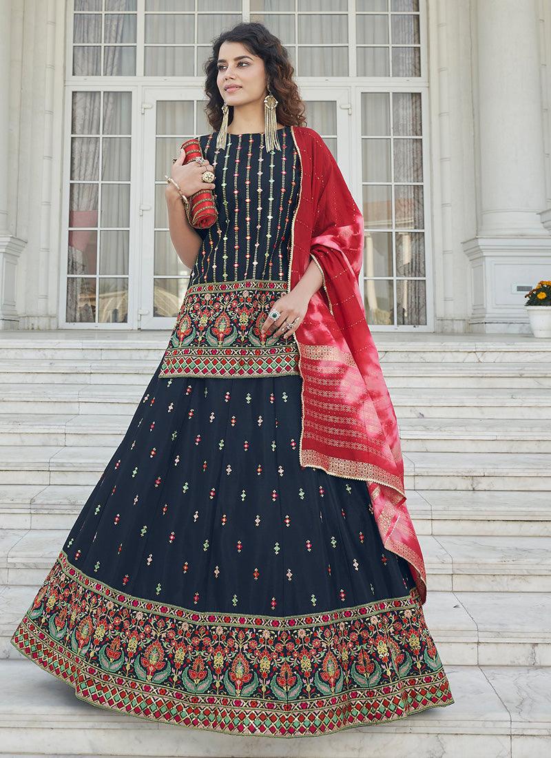 Navy Blue And Pink Long Choli Lehenga With Dupatta