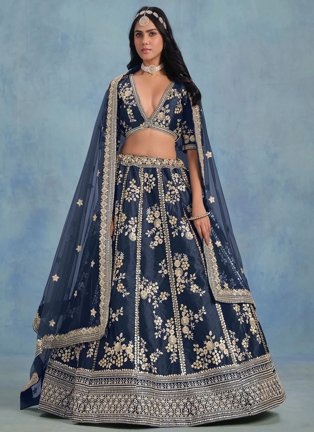 Navy blue embroidered art silk engagement lehenga with net dupatta