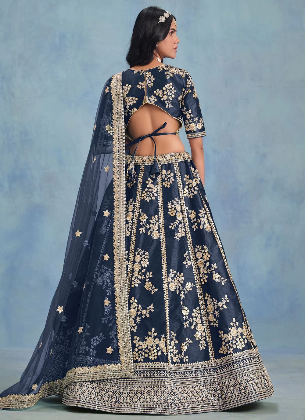 Navy blue embroidered art silk engagement lehenga with net dupatta