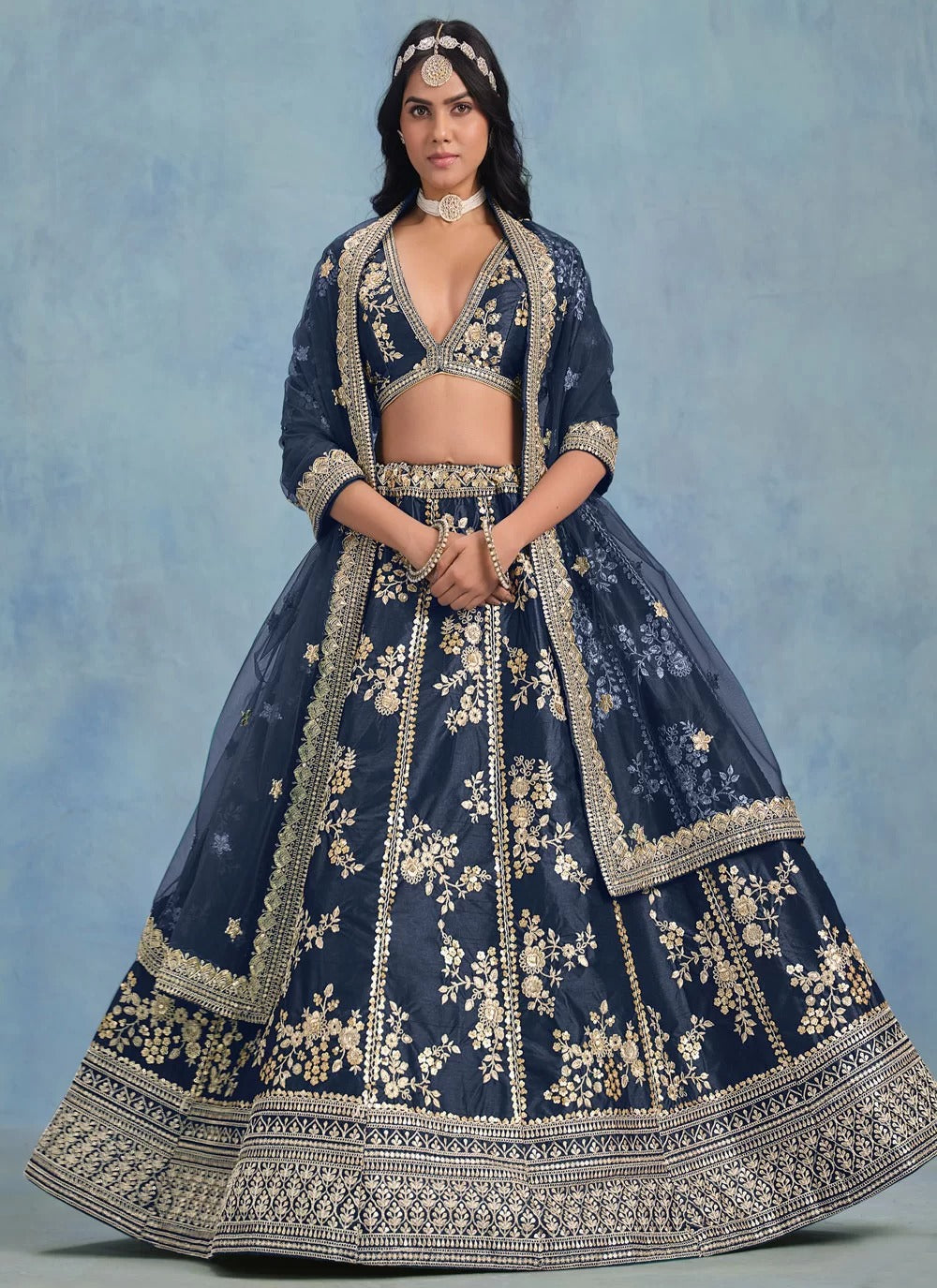 Navy blue embroidered art silk engagement lehenga with net dupatta