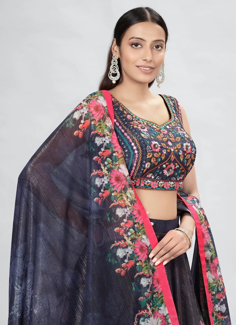 Navy blue art silk thread and hand work lehenga choli
