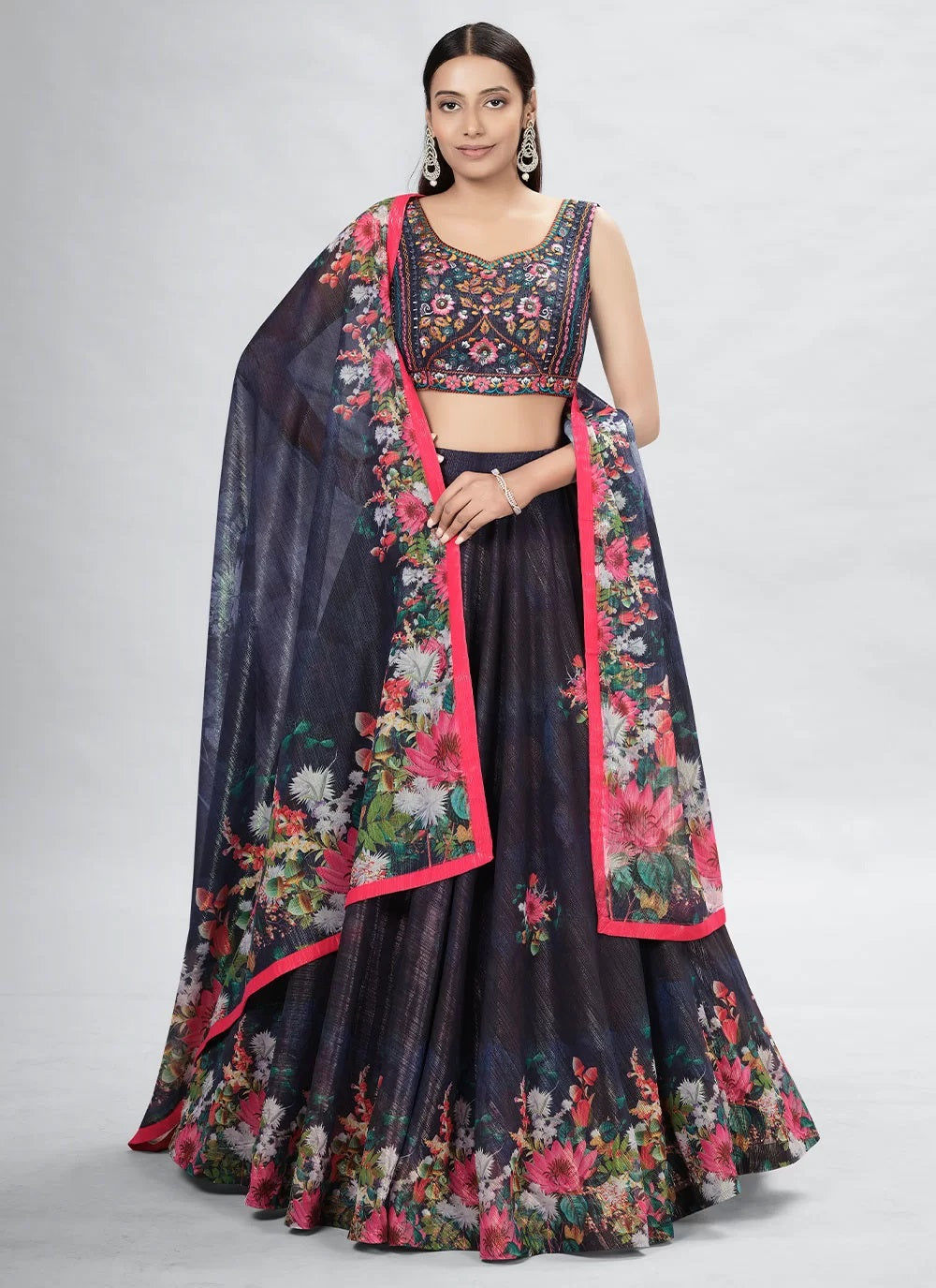 Navy blue art silk thread and hand work lehenga choli