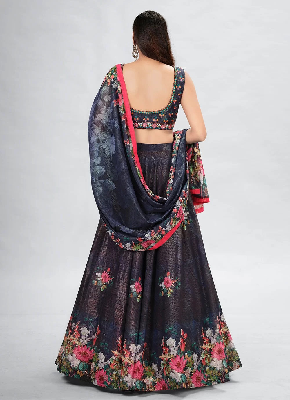 Navy blue art silk thread and hand work lehenga choli
