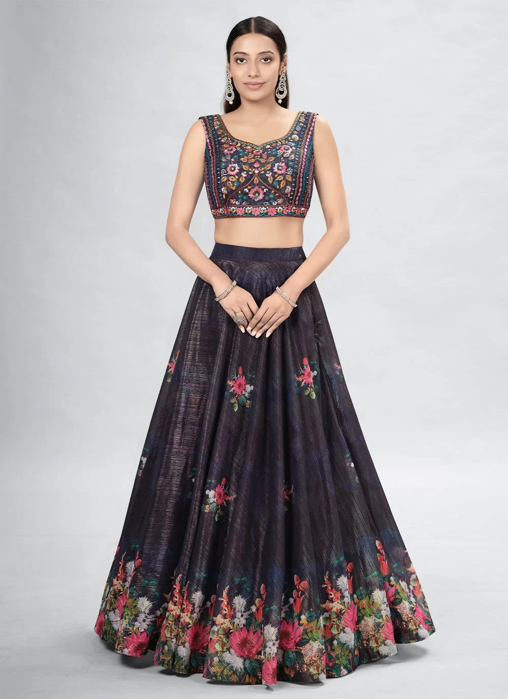 Navy blue art silk thread and hand work lehenga choli