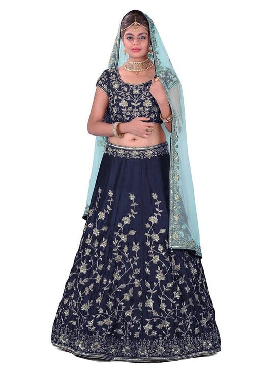 Navy Blue Banglori Silk Lehenga Choli With Applique Embroidery Work