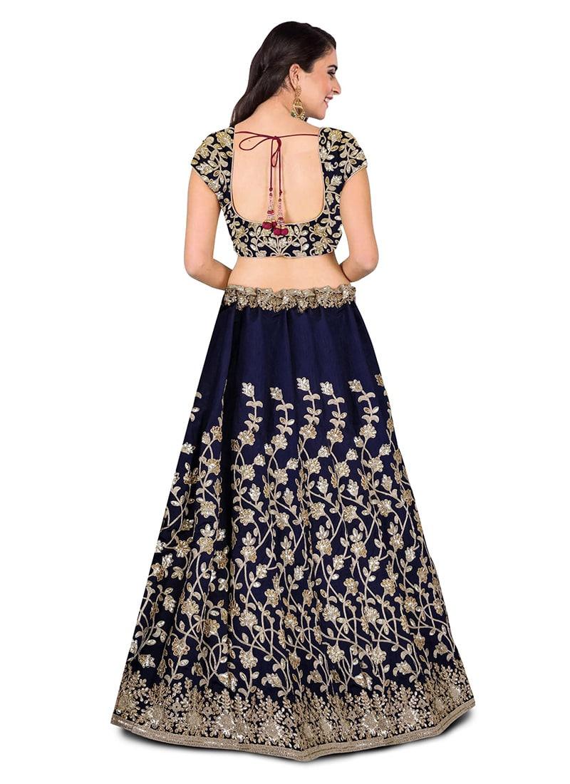 Navy Blue Banglori Silk Lehenga Choli With Applique Embroidery Work