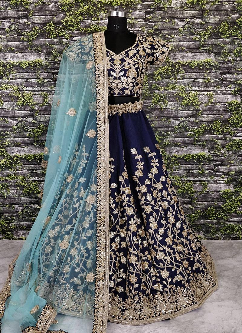 Navy Blue Banglori Silk Lehenga Choli With Applique Embroidery Work