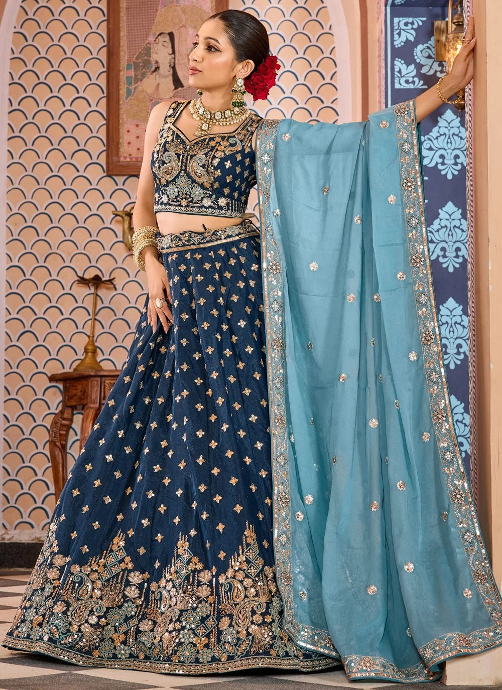 Majestic navy blue reception lehenga in tissue silk with zari sequins embroidery