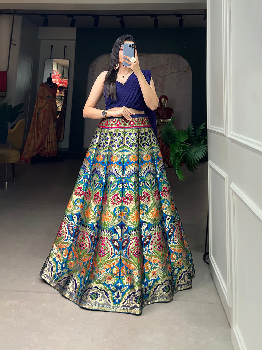 Navy Blue Color Zari Weaving Work Banarasi Silk Lehenga Choli