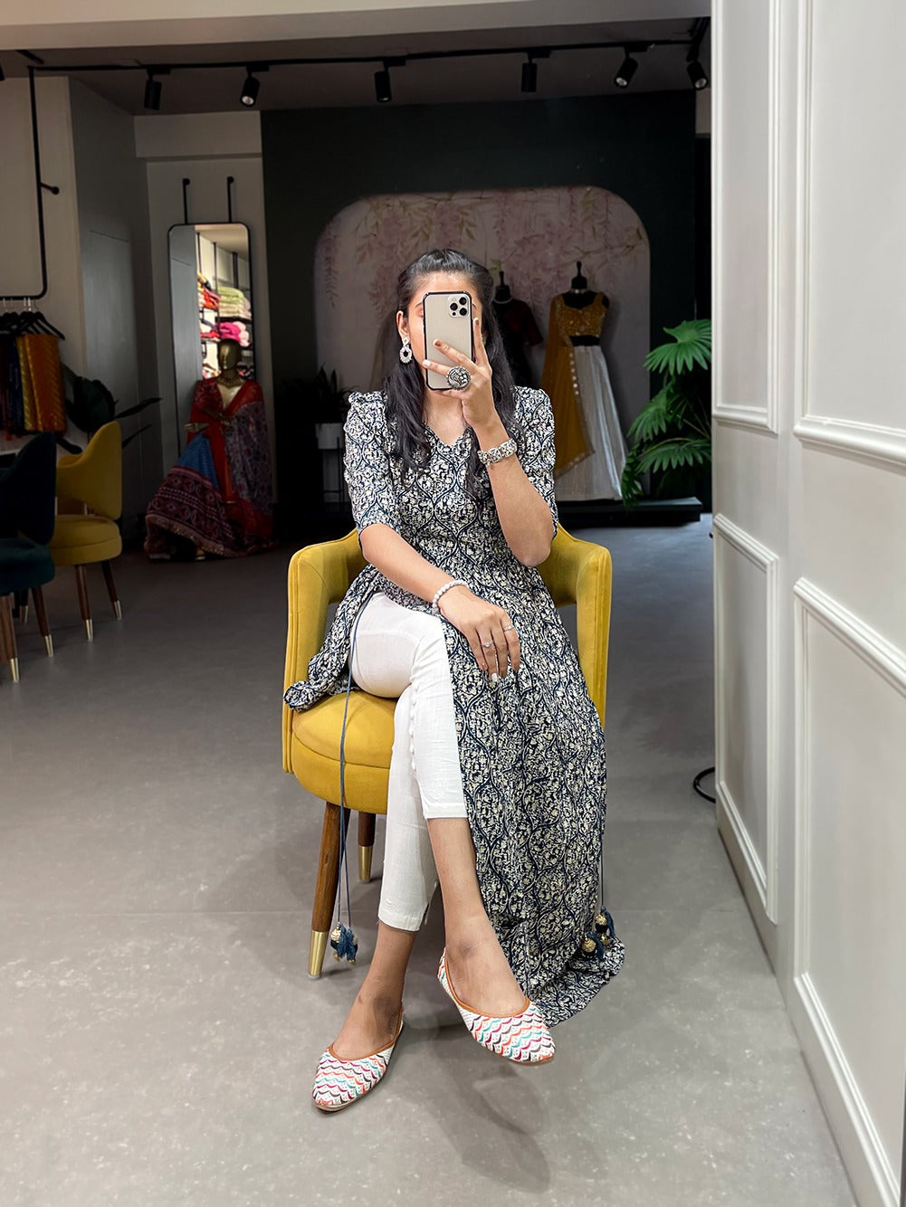 Navy Blue Color Classy & Comfy Rayon Cotton Nayra Kurti with Foil Print and Tassels