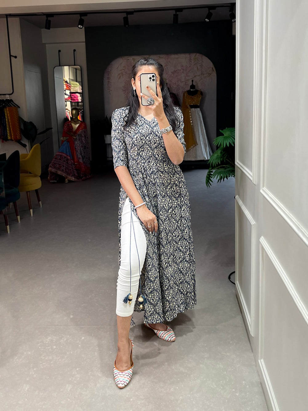Navy Blue Color Classy & Comfy Rayon Cotton Nayra Kurti with Foil Print and Tassels