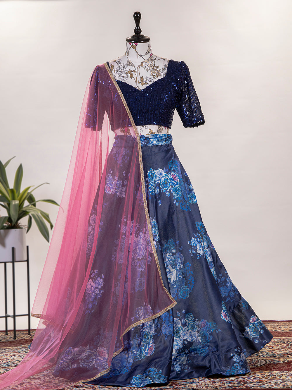Navy Blue Color Printed Digital Satin Silk Lehenga Choli