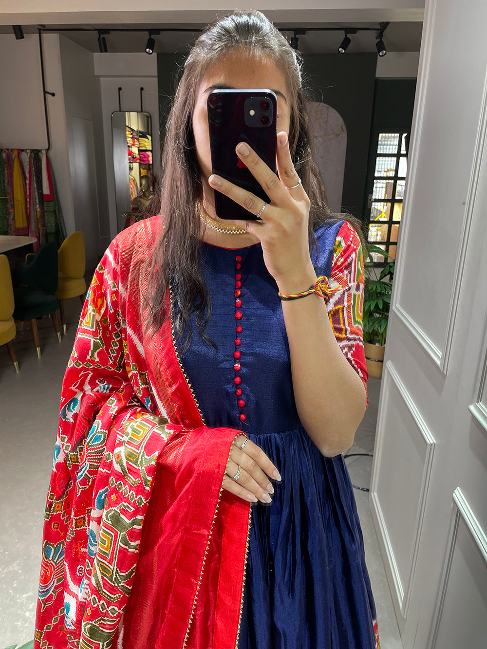 Blue Color Patola And Foil Printed Dola Silk Gown