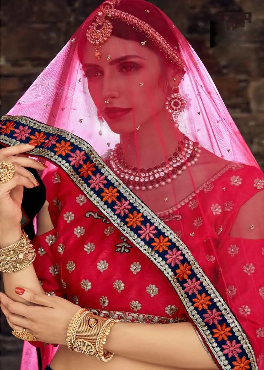 Navy blue color floral embroidered mulberry silk lehenga