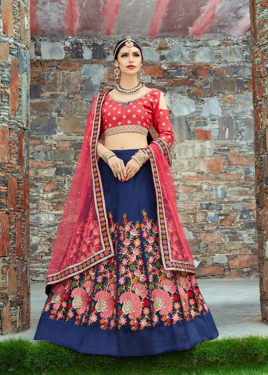 Navy blue color floral embroidered mulberry silk lehenga