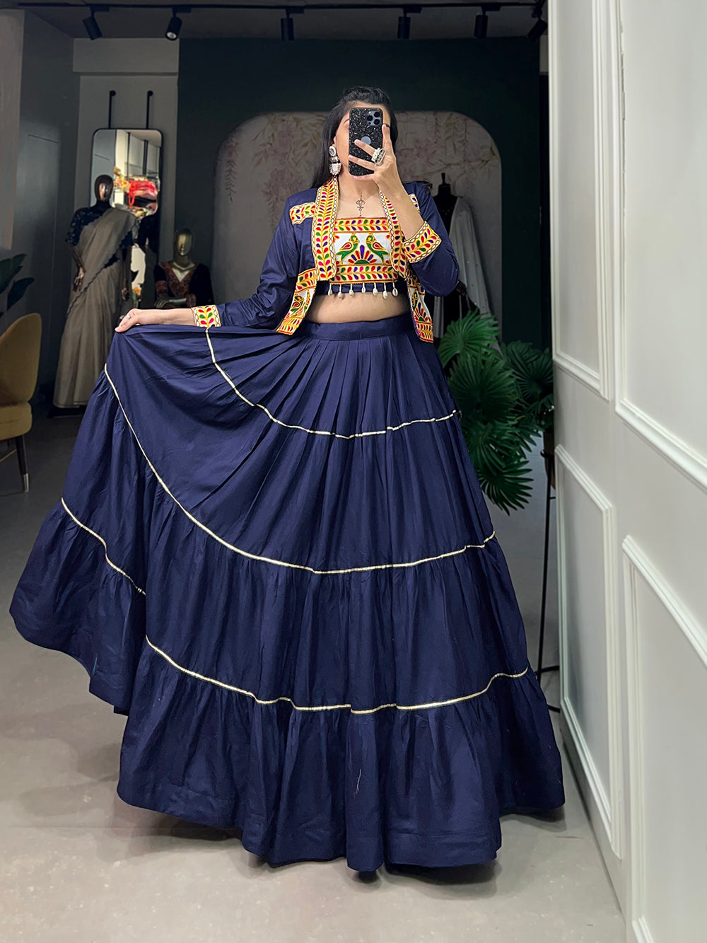 Navy Blue Color Plain With Gota Patti Rayon Gujrati Stylish Chaniya Choli