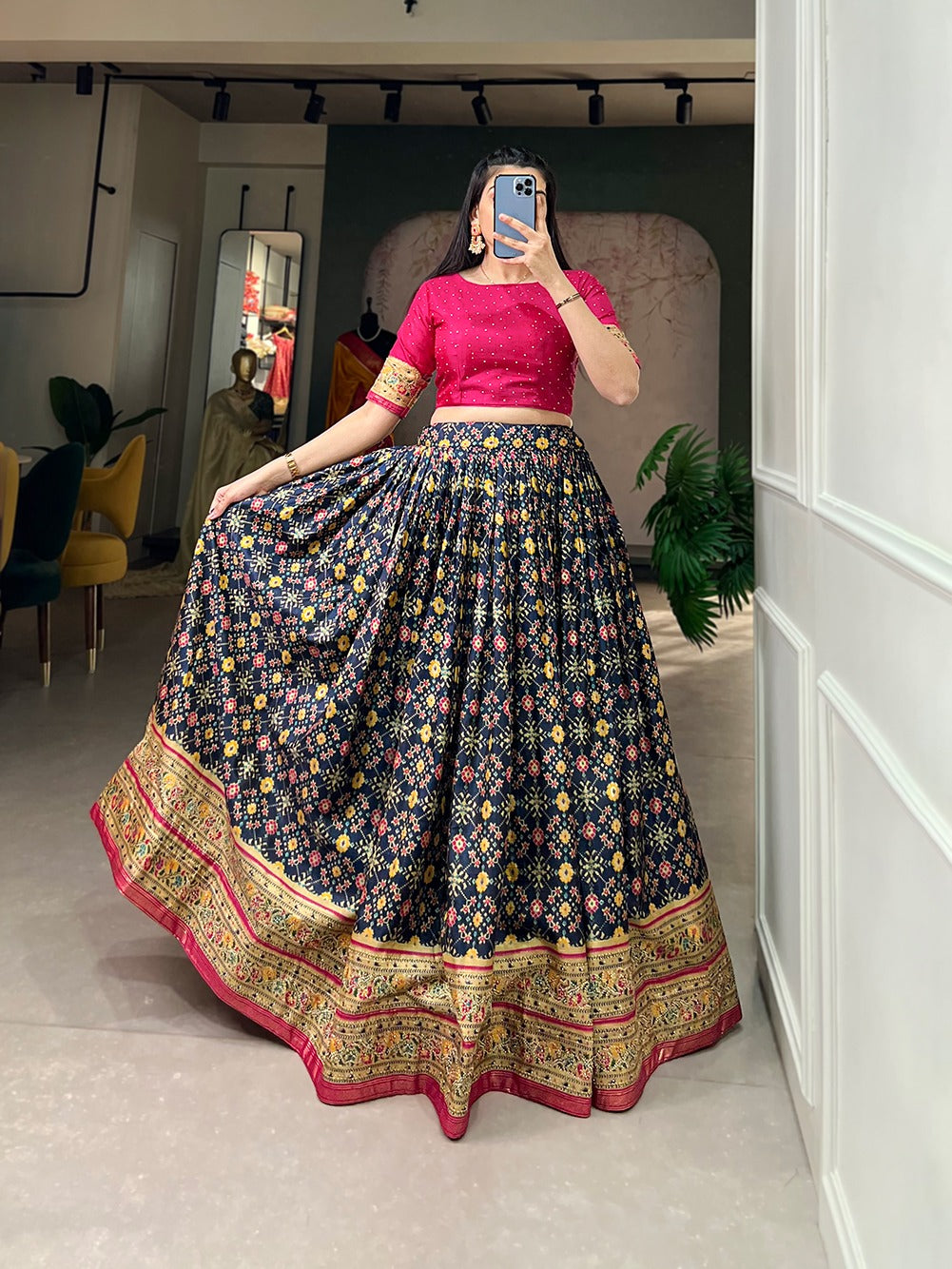 Navy Blue Color Ikkat Patola Co-ord Set Lehenga