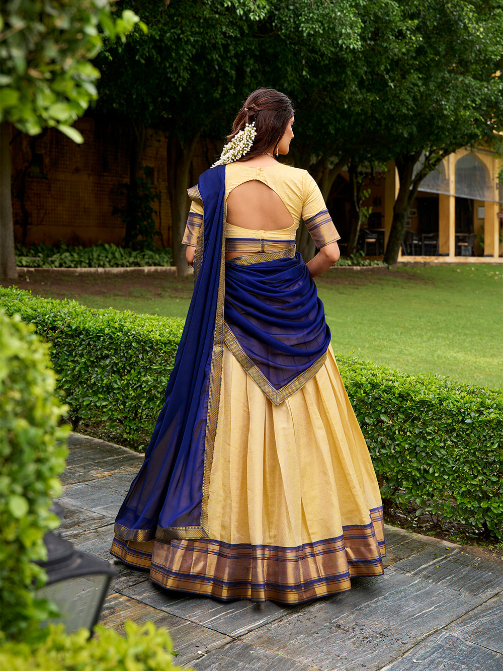 Navy blue color zari weaving work kanchipuram lehenga choli