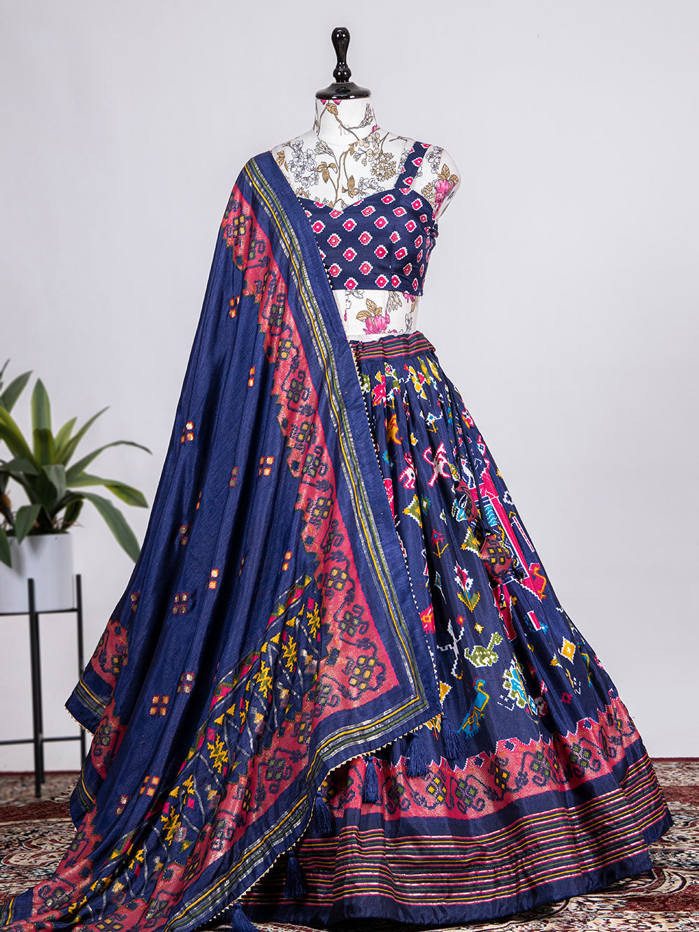 Navy Blue Color Patola Printed & foil work Silk Ghaghra Choli