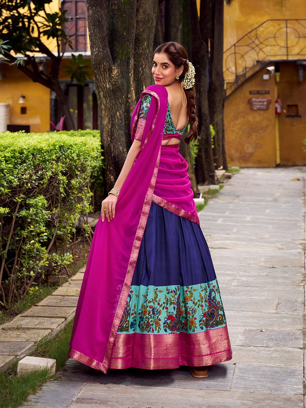 Navy blue astha silk printed zari weaving lehenga choli with georgette dupatta