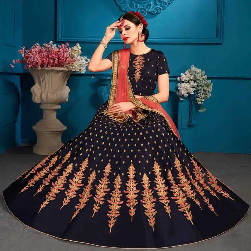 Navy blue color satin embroidery lehenga choli