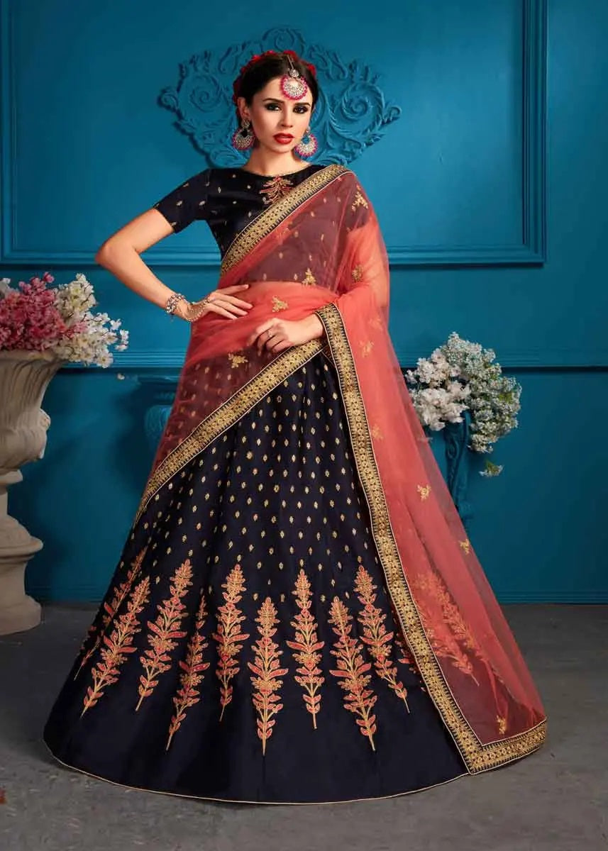 Navy blue color satin embroidery lehenga choli