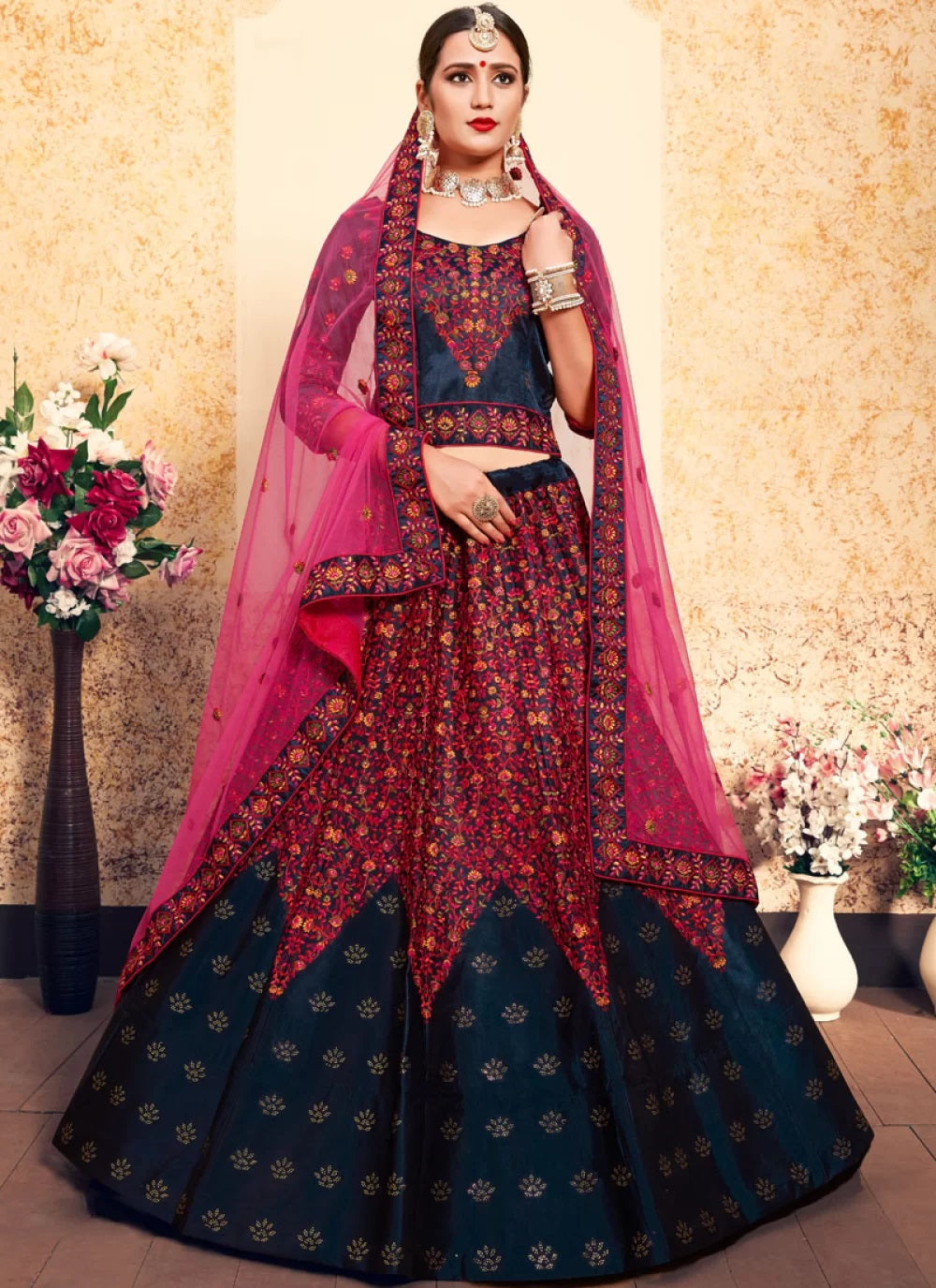 Navy blue color stone work satin lehenga choli