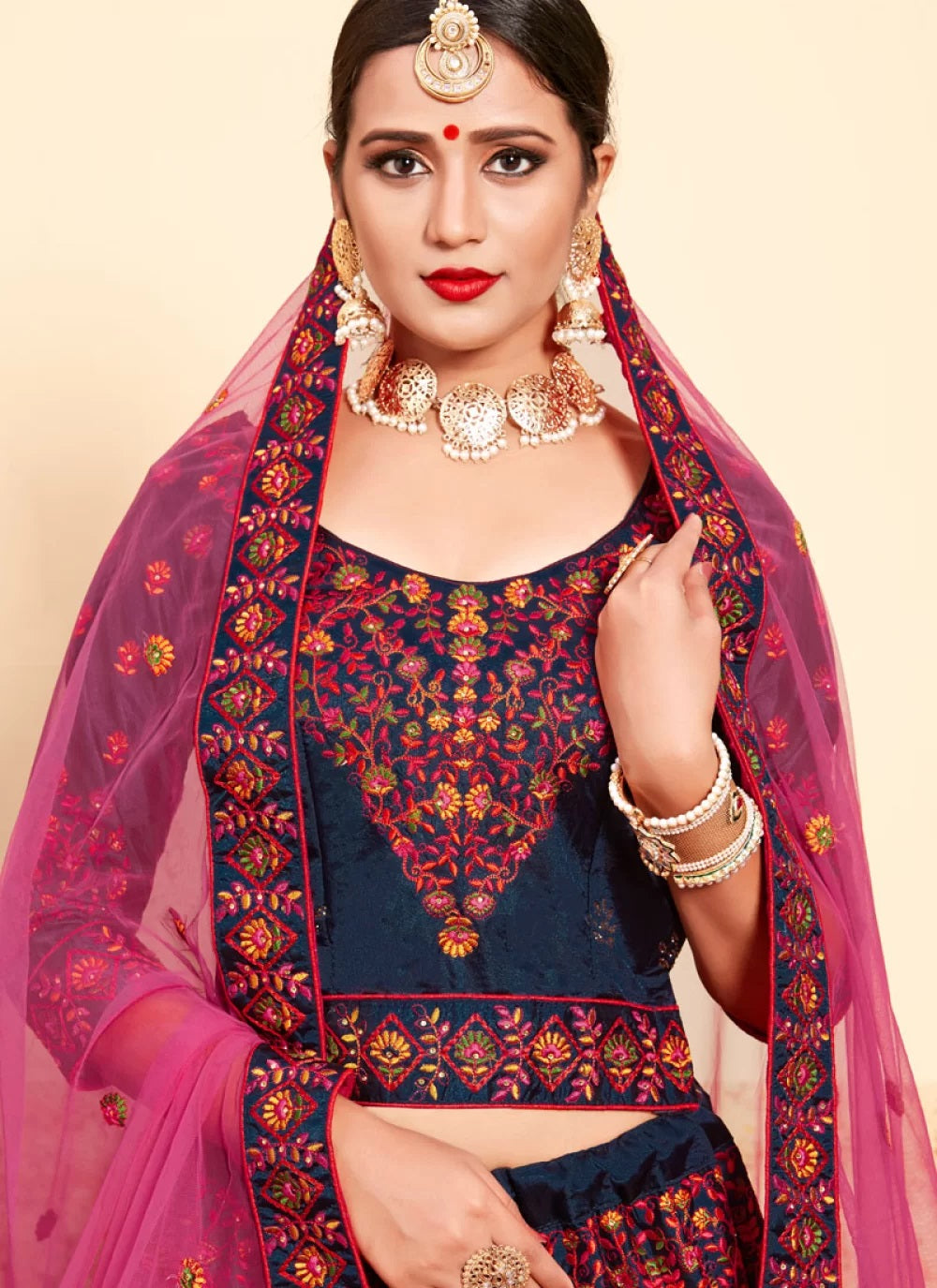 Navy blue color stone work satin lehenga choli